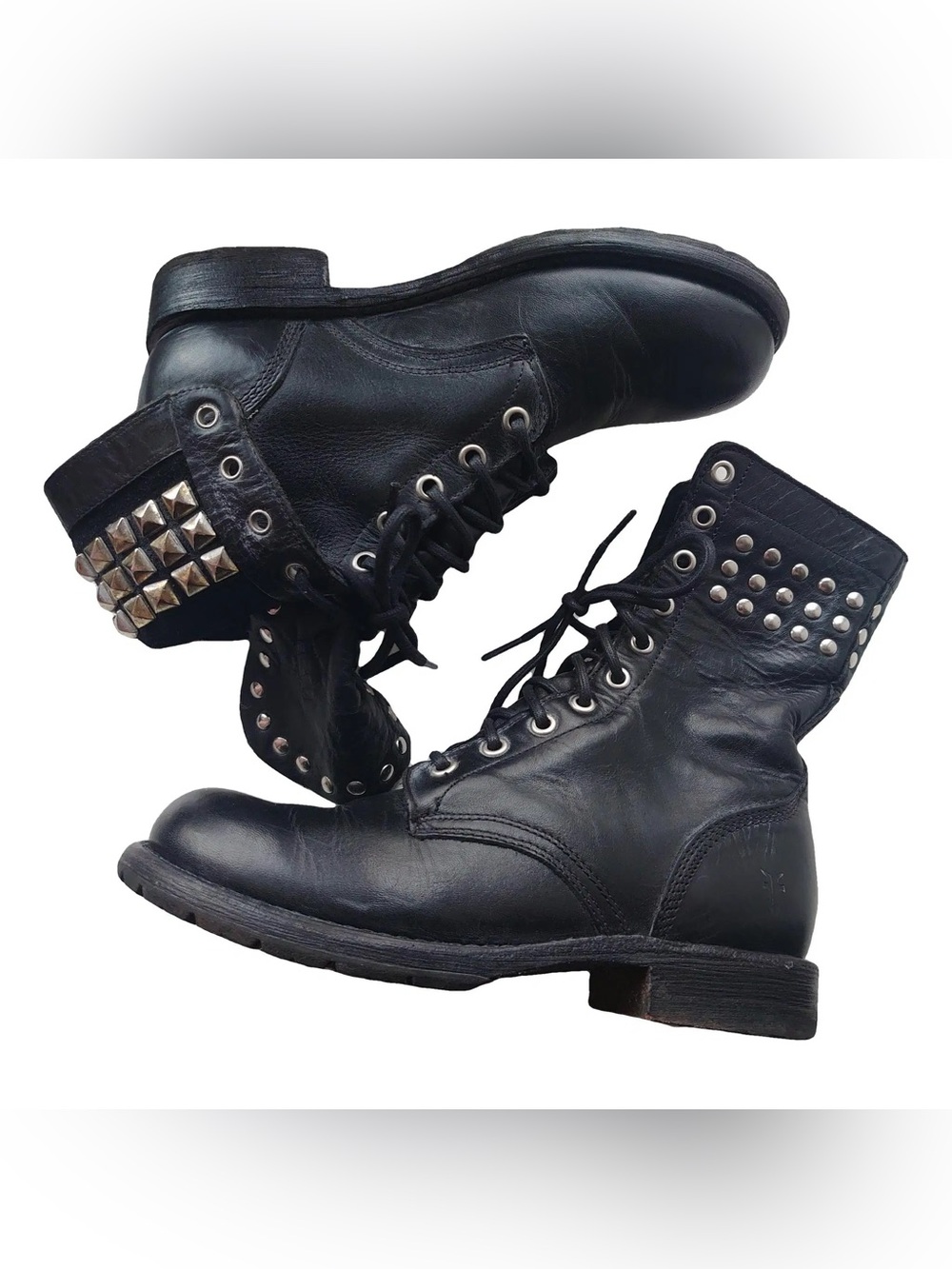 Frye Black Leather Goth Studded Motorcycle Industrial Lace-Up Combat Boots 6